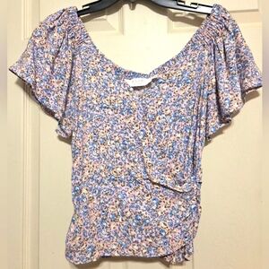 NWT ASTR Flutter Sleeve Faux Wrap Pastel Pink Blue Ditsy Micro Floral Top size M